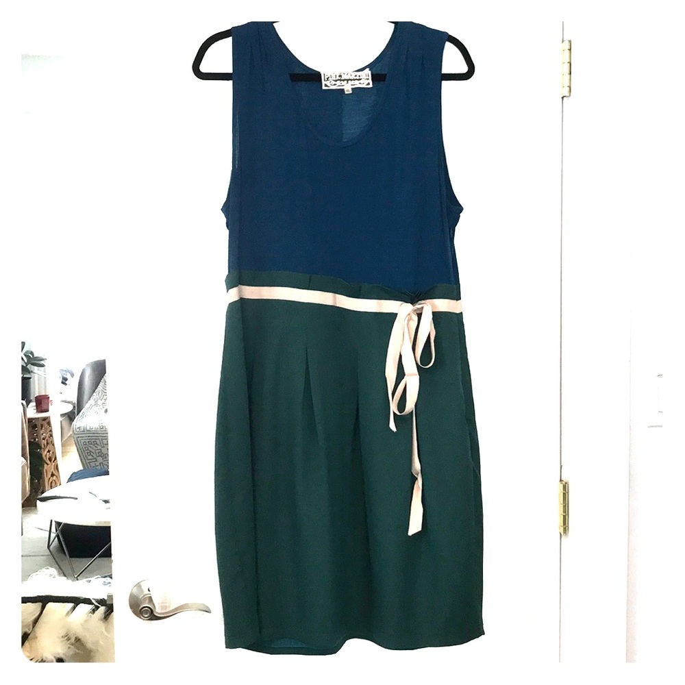 Blue and green dress with tie waist